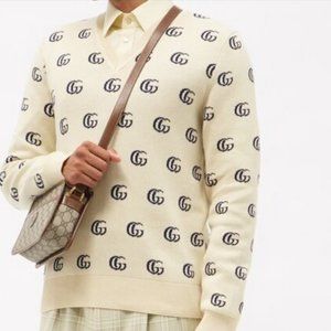 Gucci Cream Monogram GG Knit V-Neck Sweater